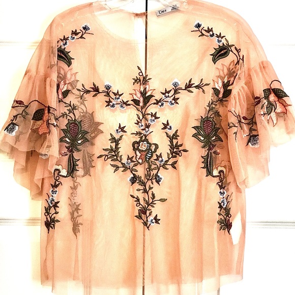 New DEX Floral Embroidered Pink Sheer Tulle Top S - Picture 3 of 7